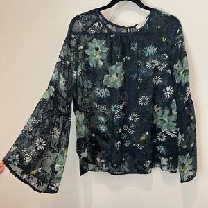 Ann Taylor Loft Shirt Womens Large Blue Sheer Floral Top Long Sleeve  Blouse